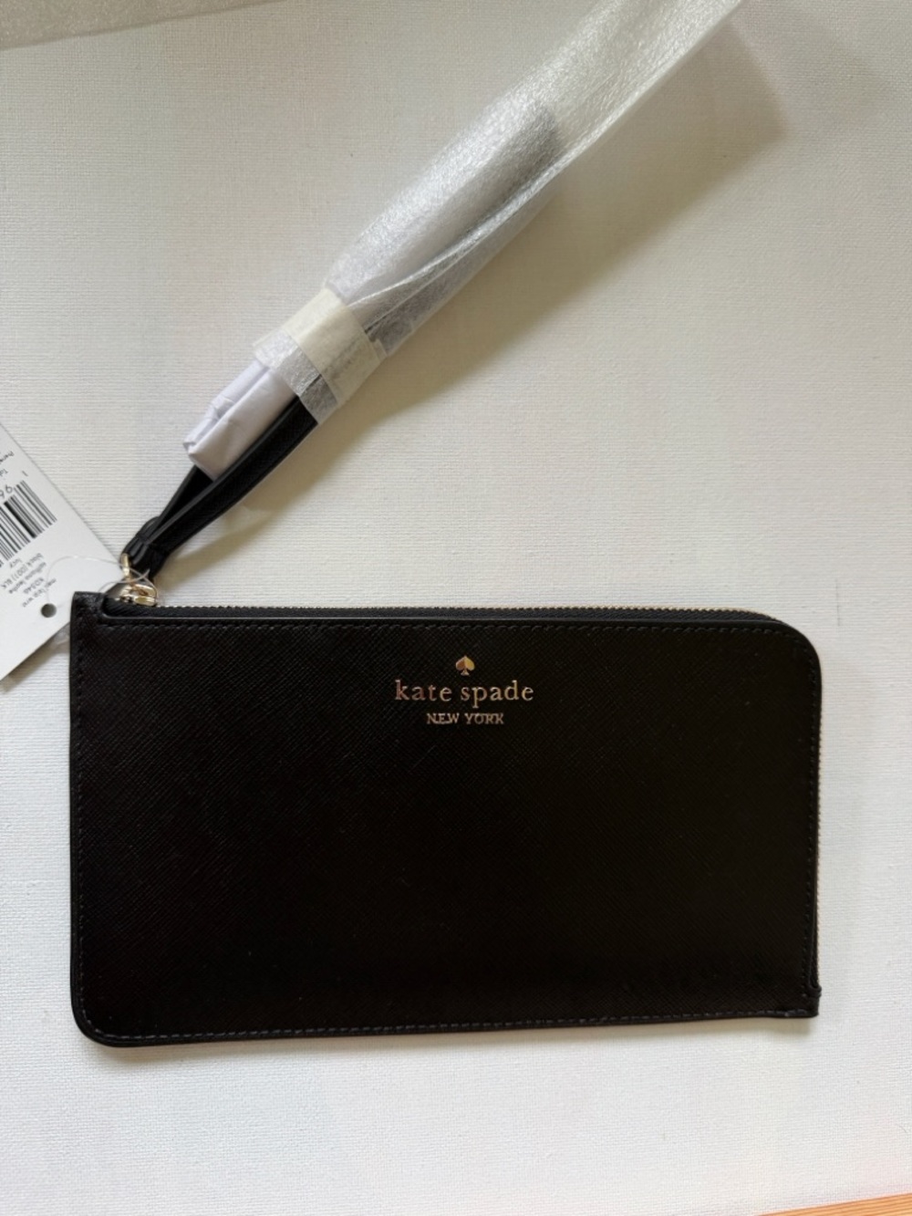 Lucy Black Saffiano Zip Wristlet with Gold Hardware